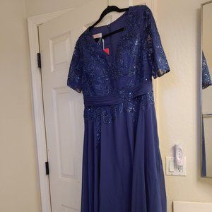 Tea-Length Chiffon Lace Dress, Navy Blue, Size 14